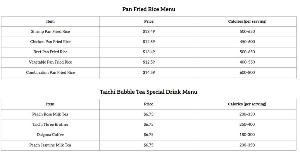 Taichi-Menu-Information